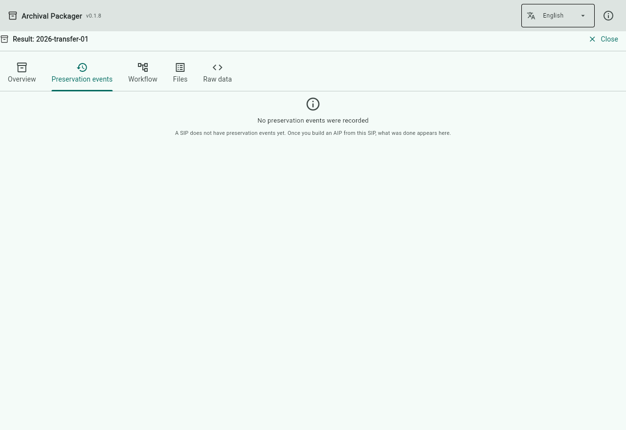A SIP's Preservation events tab, saying none were recorded