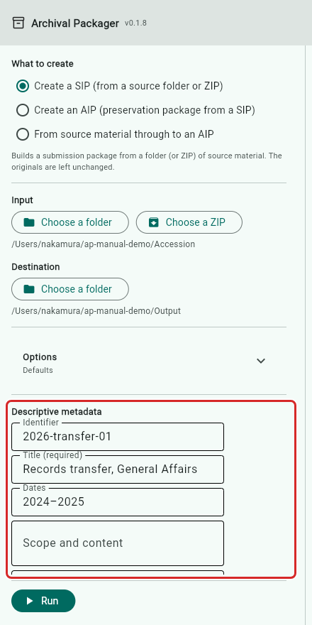 The descriptive metadata fields, filled in