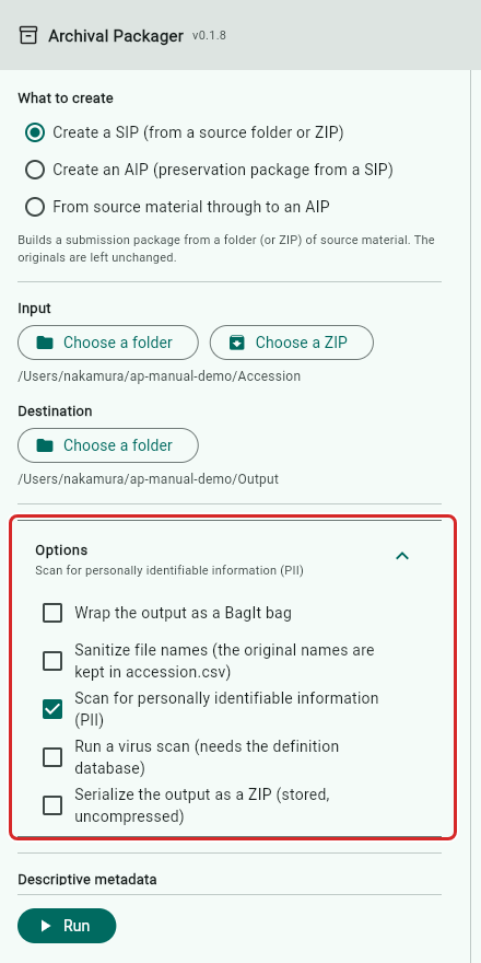 The options, opened, with the personal information scan ticked