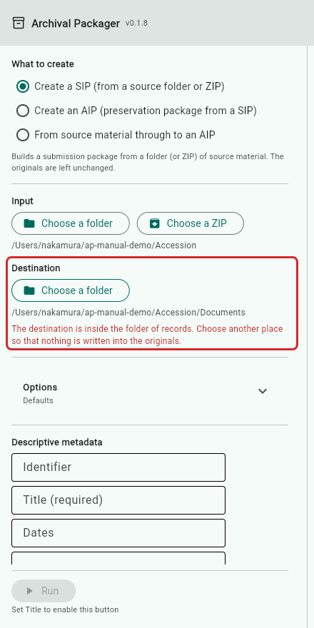 A red warning when the destination is inside the source folder