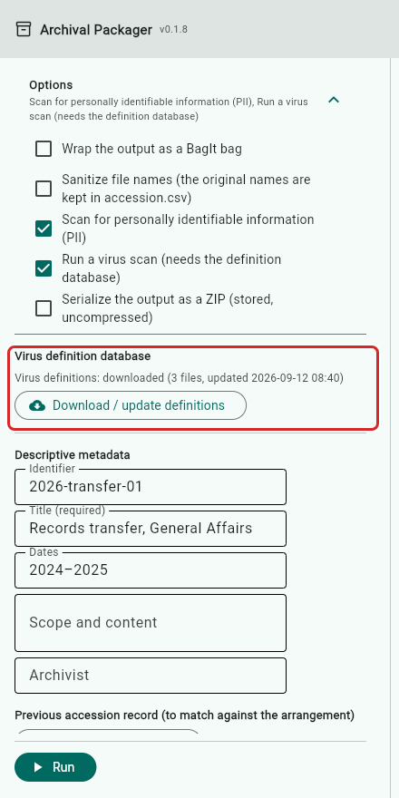 The definition database section, shown when the virus scan is ticked